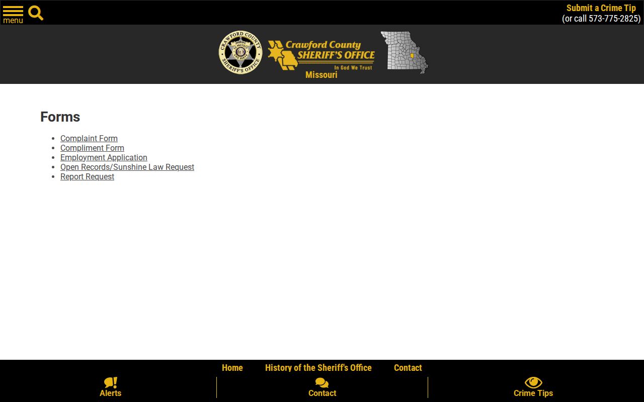 Crawford County Sheriff forms page with Sunshine Law request option
