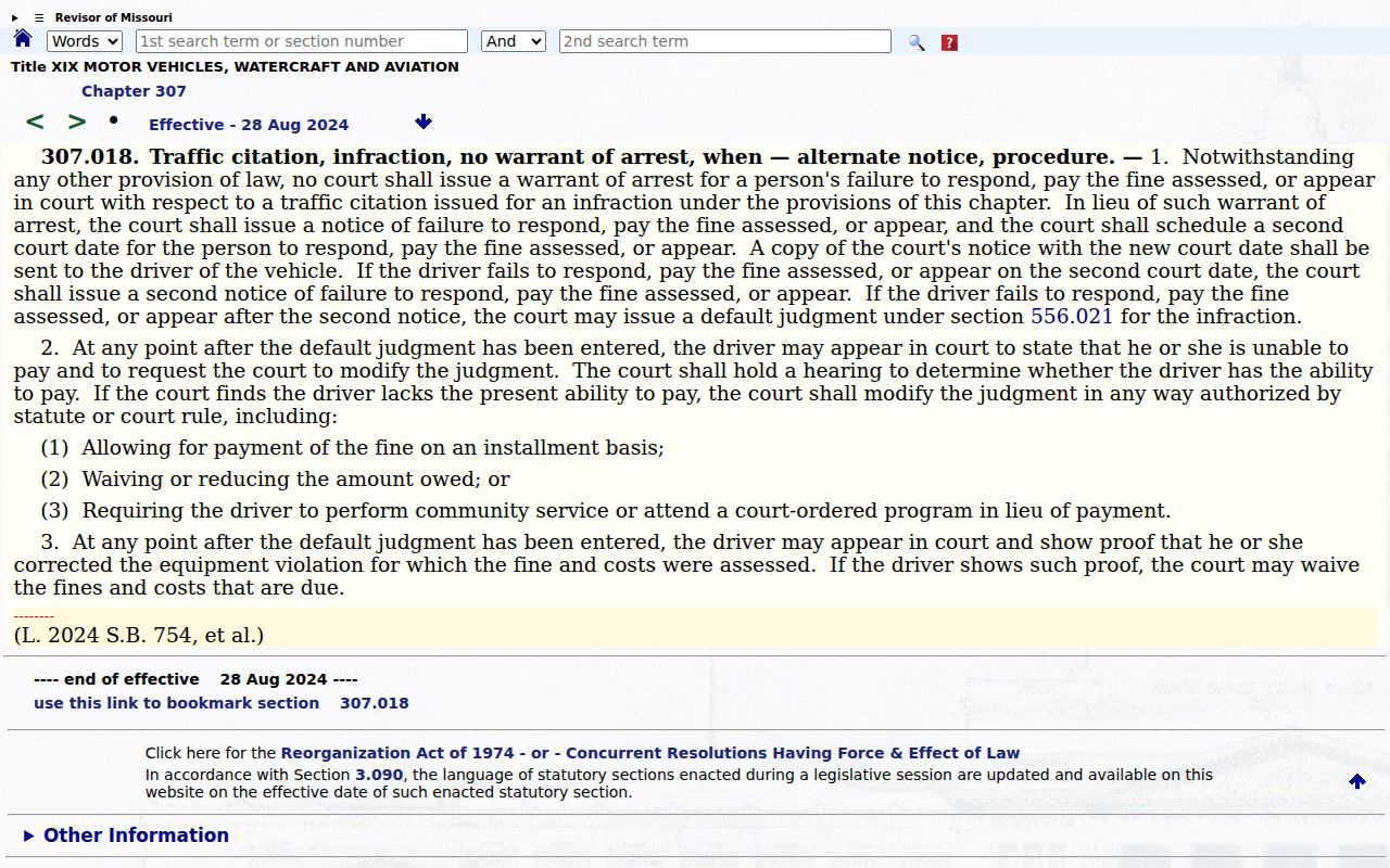 Missouri statute 307.018 traffic infraction second-notice rule
