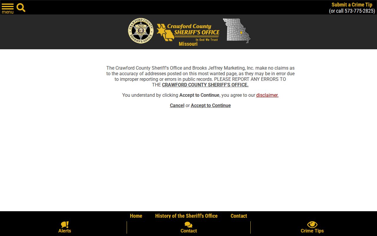 Crawford County Sheriff Most Wanted accuracy disclaimer